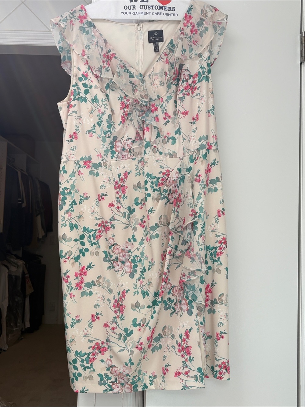 Adrianna Papell Cream Floral Ruffle-Trim Midi Dress - worn once